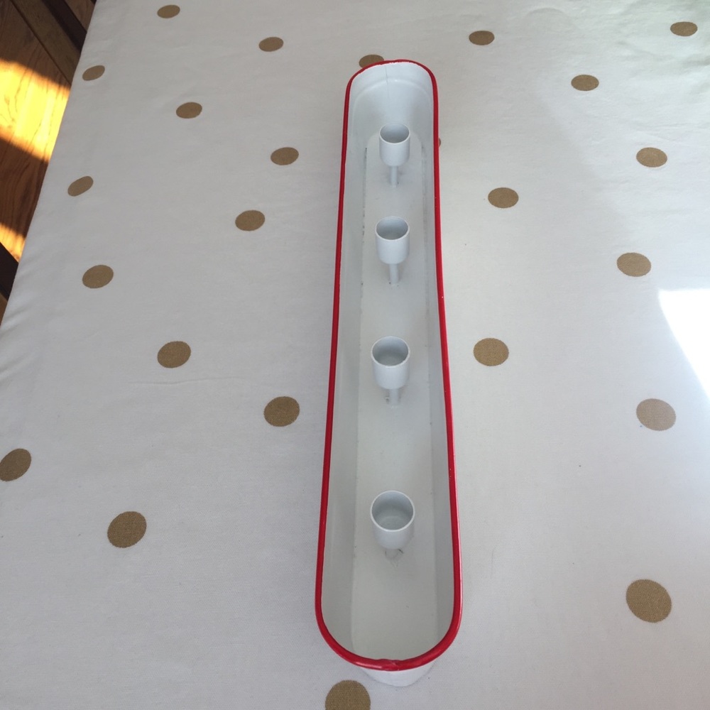 (2) New Threshold Candle Holders White Enamel with Red Trim. Holds 4 candles.